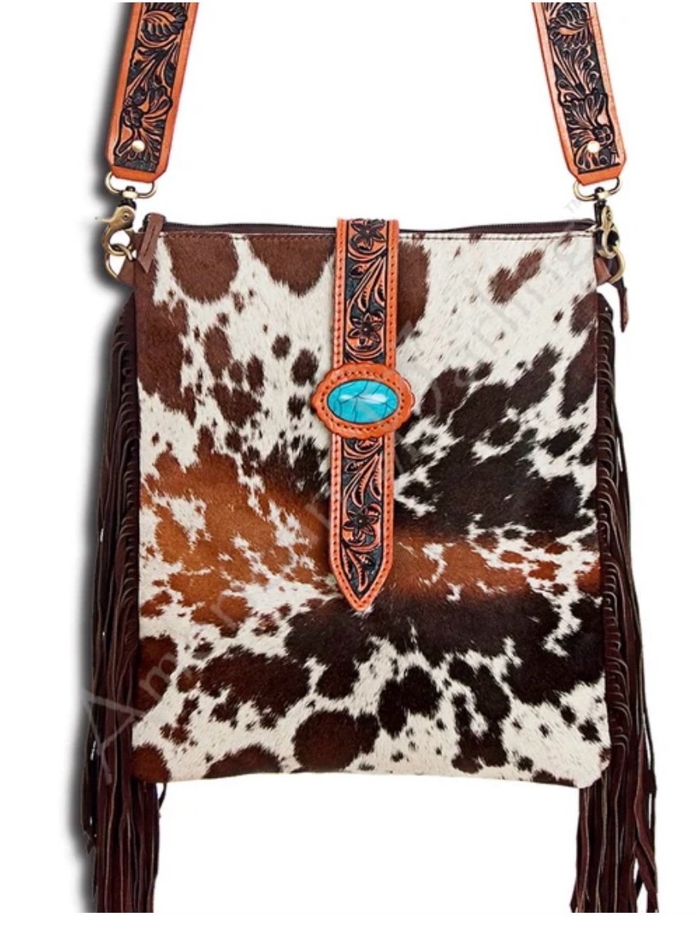 Western Bag Cowhide Fringe Crossbody Bag - Brown & White